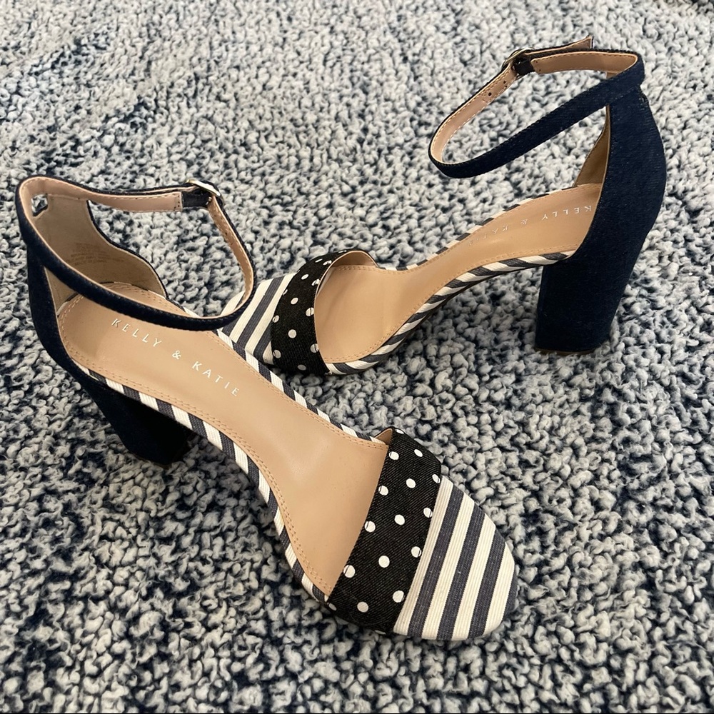 Stripe and polka dot navy white heels. Brand new Kelly & Katie 8.5